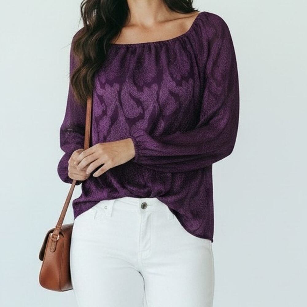 Mason & Belle Purple Paisley Print Long Puff Sleeve Blouse Women's Size L NWT